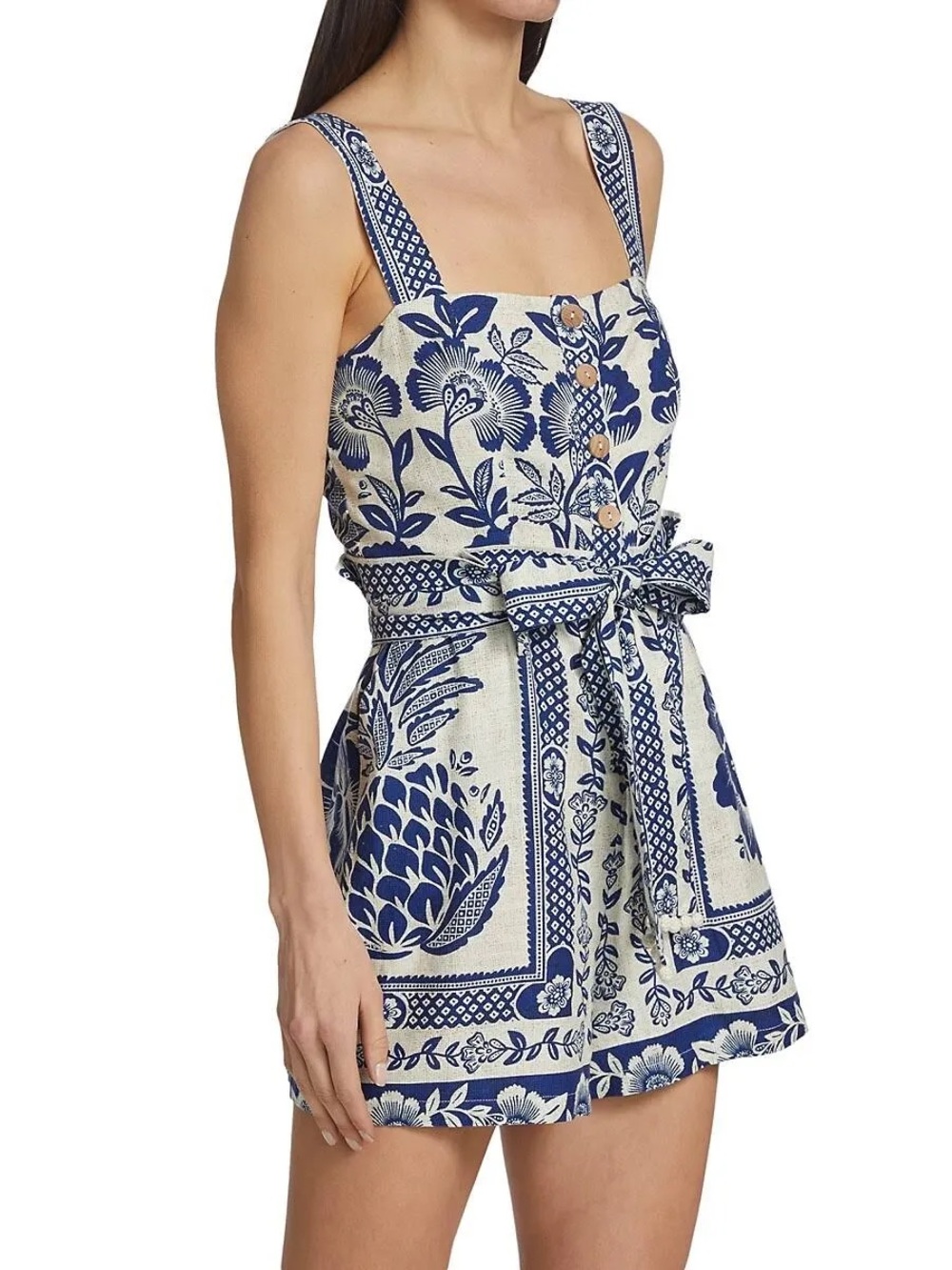FARM Rio Blue and Cream Floral Print Tie-Waist Romper